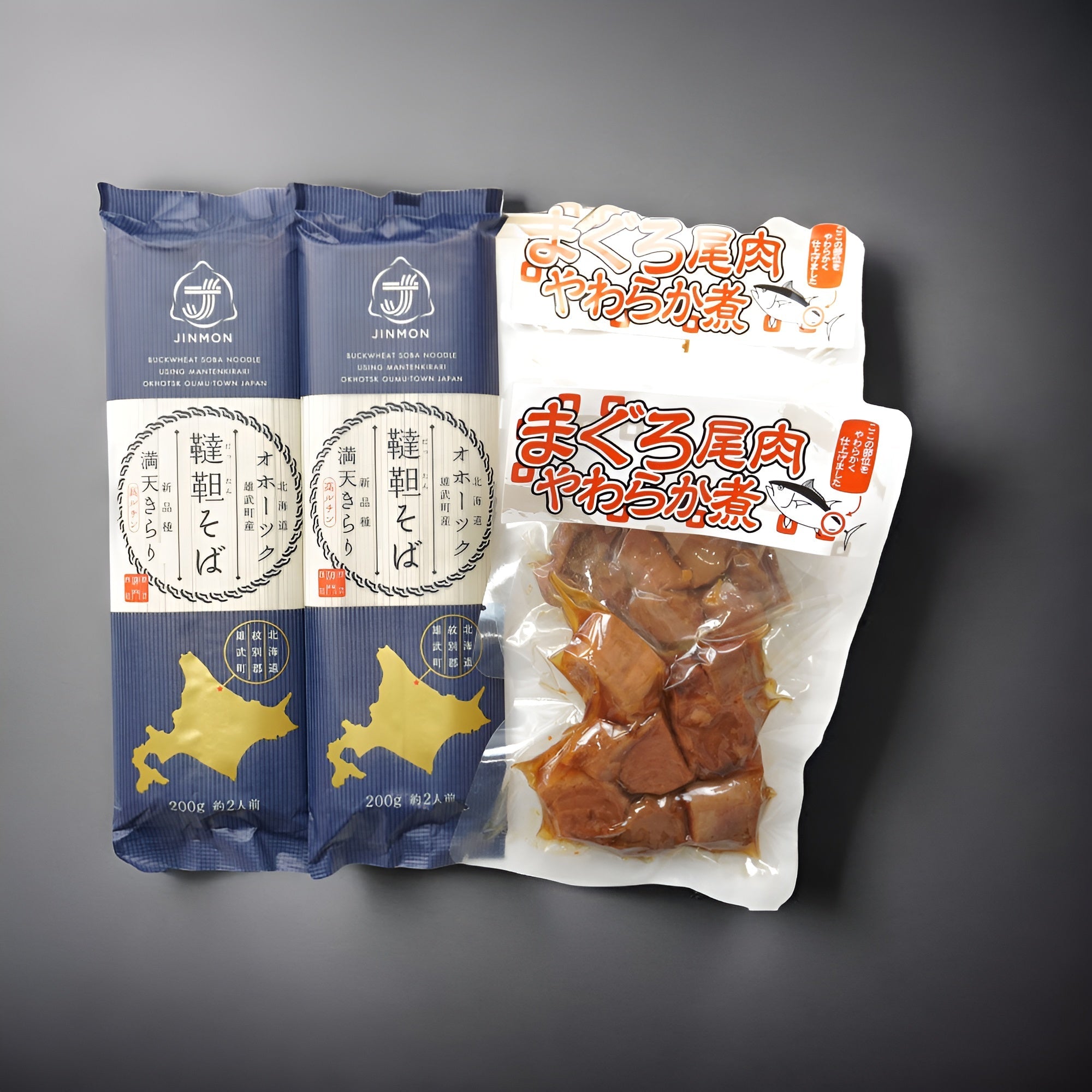 韃靼そば乾麺(3割)2束、まぐろ尾肉やわらか煮(2入)セット