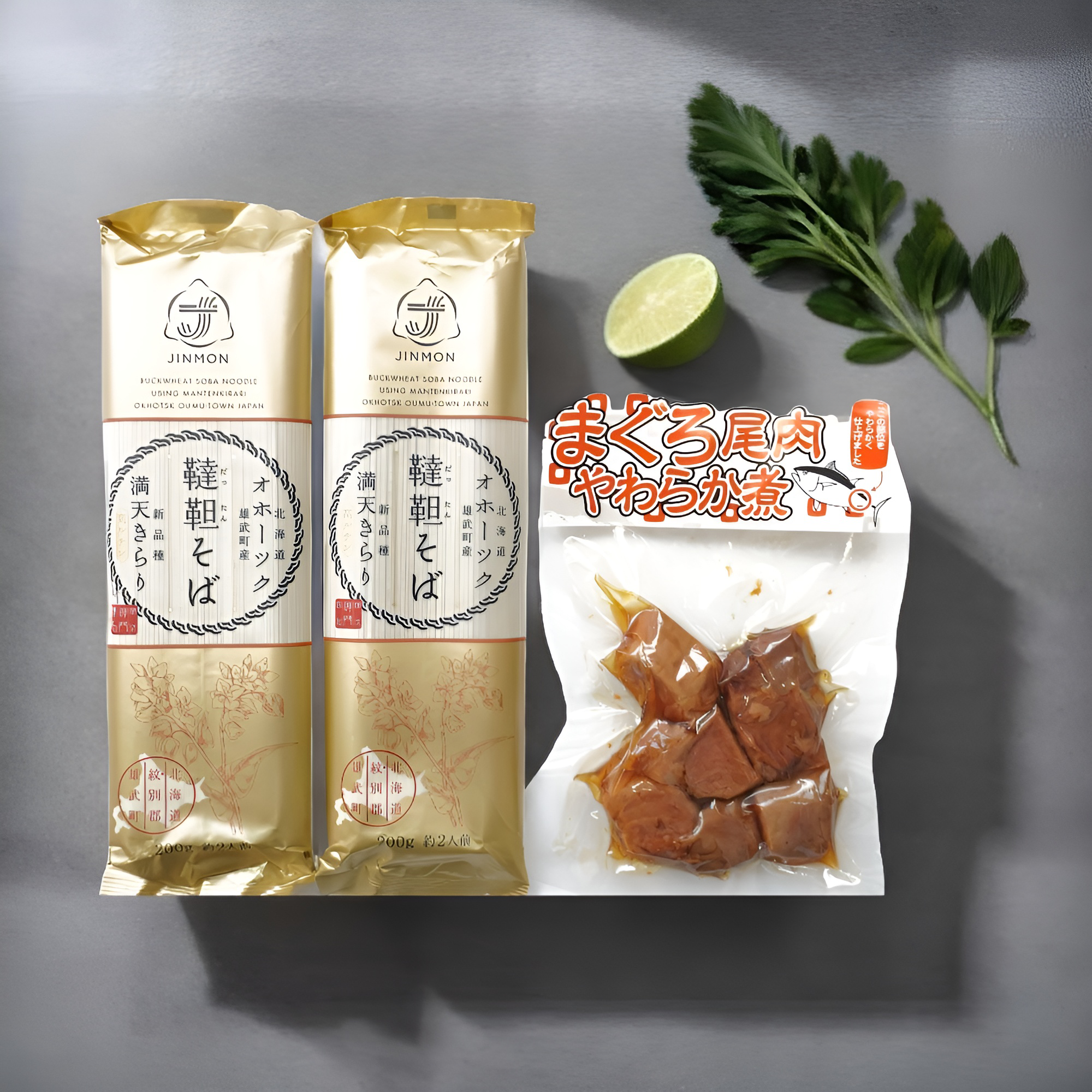 韃靼そば乾麺(5割)2束、まぐろ尾肉やわらか煮セット